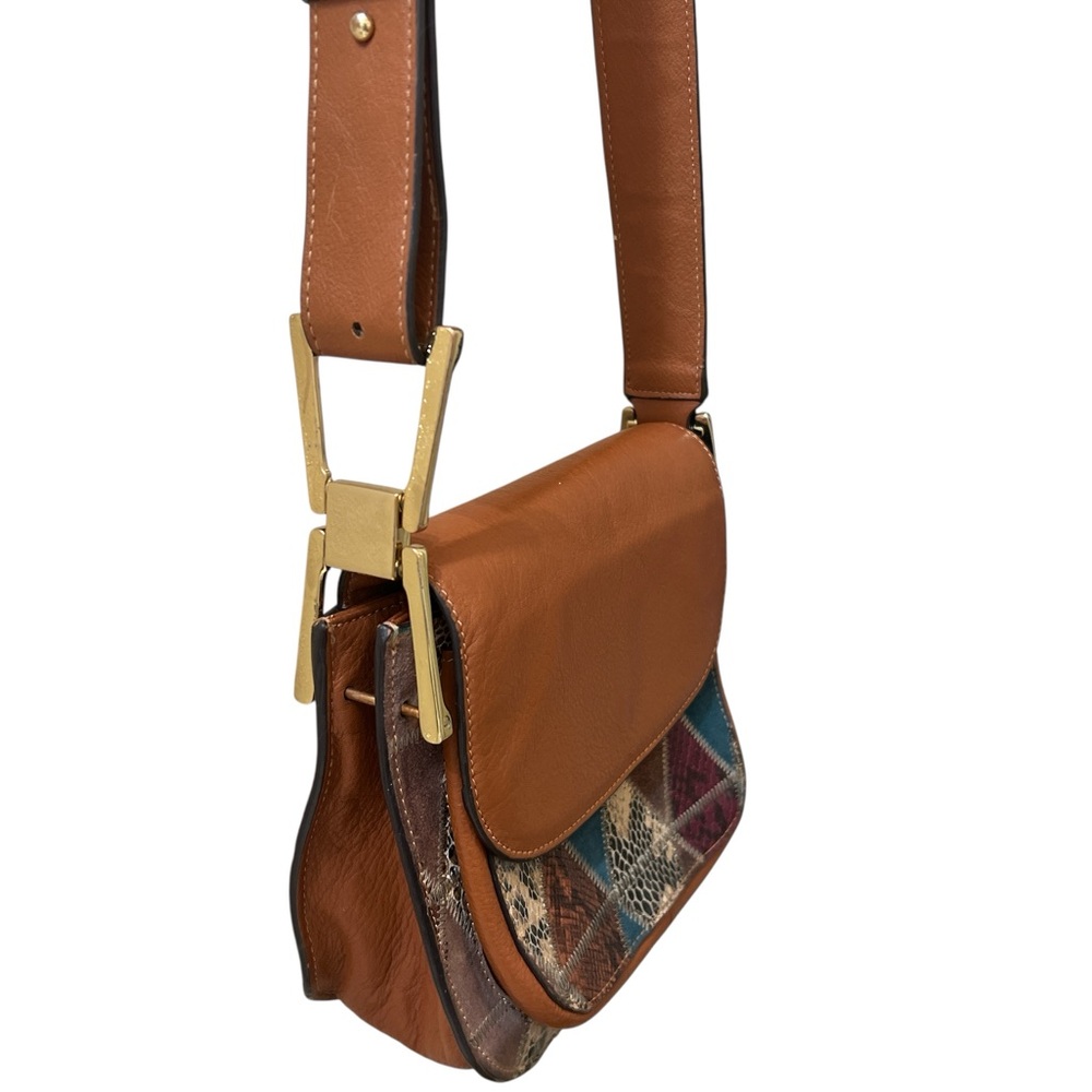 Sam Edelman Genuine Leather Patchwork Boho Crossbody Purse Brown Gold Hardware - Picture 12 of 15